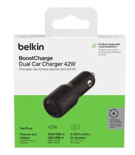 BELKIN APTADOR PARA CARRO USB-C 30W + USB-A 12W (CCB005btBK)